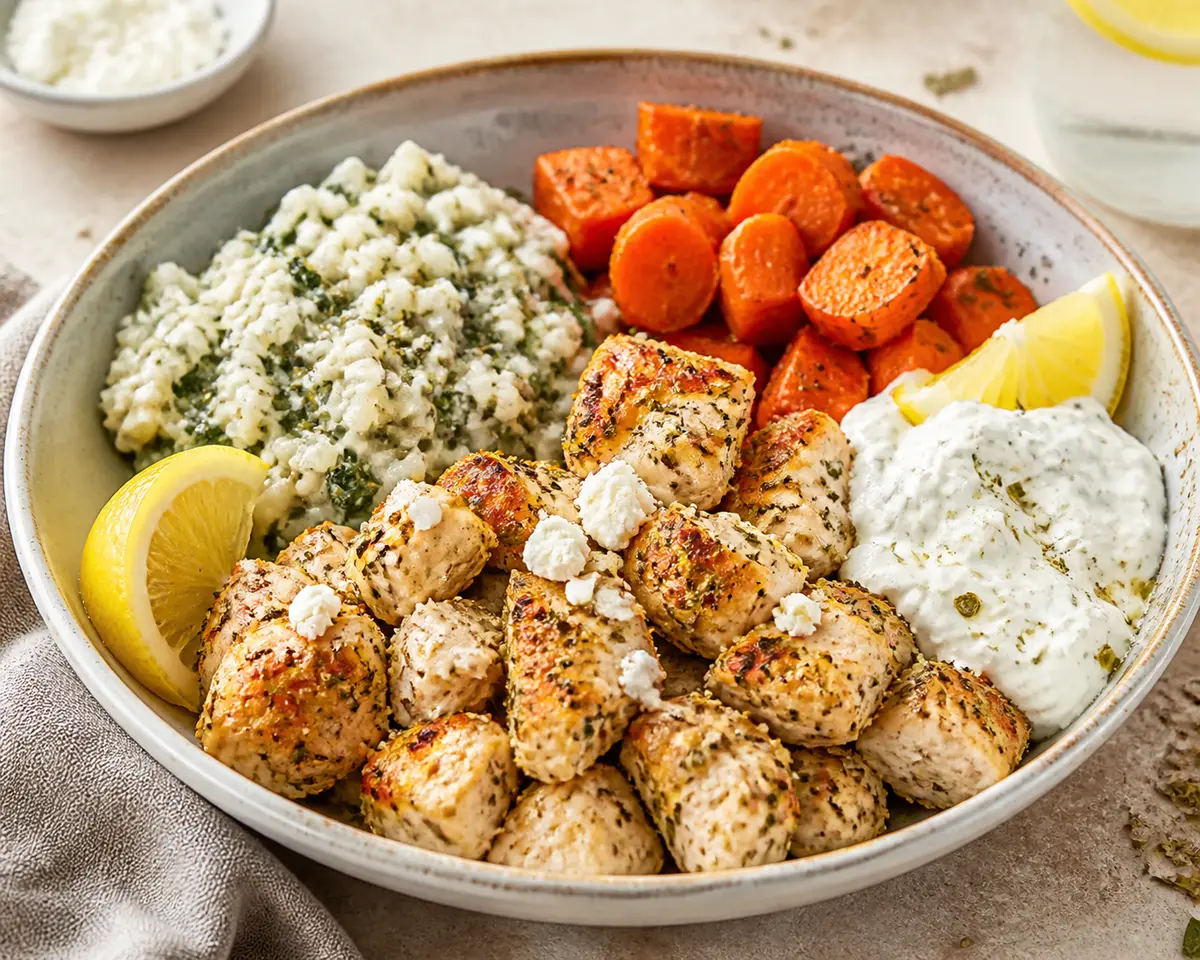 Tazón tibio de pollo al limón y orégano con arroz cremoso de espinaca, zanahoria asada y salsa ligera de feta