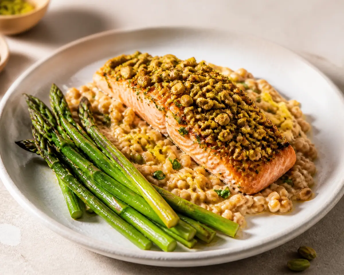 Baked Salmon with Herb-Pistachio Crust, Creamy Lemon Wheat Berries and Sautéed Asparagus