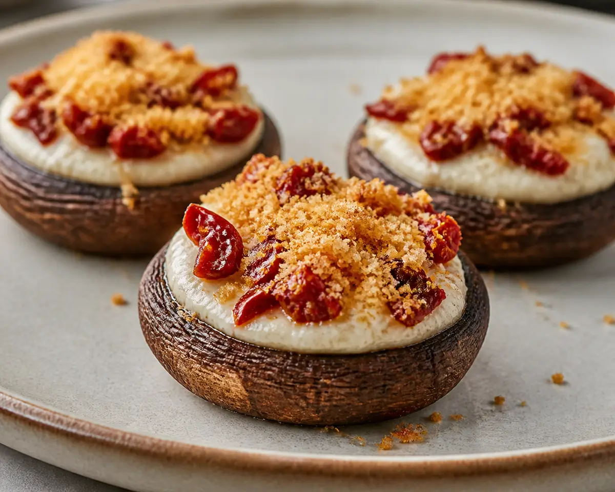 Champiñones rellenos de crema de alubias cannellini, tomate seco y migas crujientes de parmesano