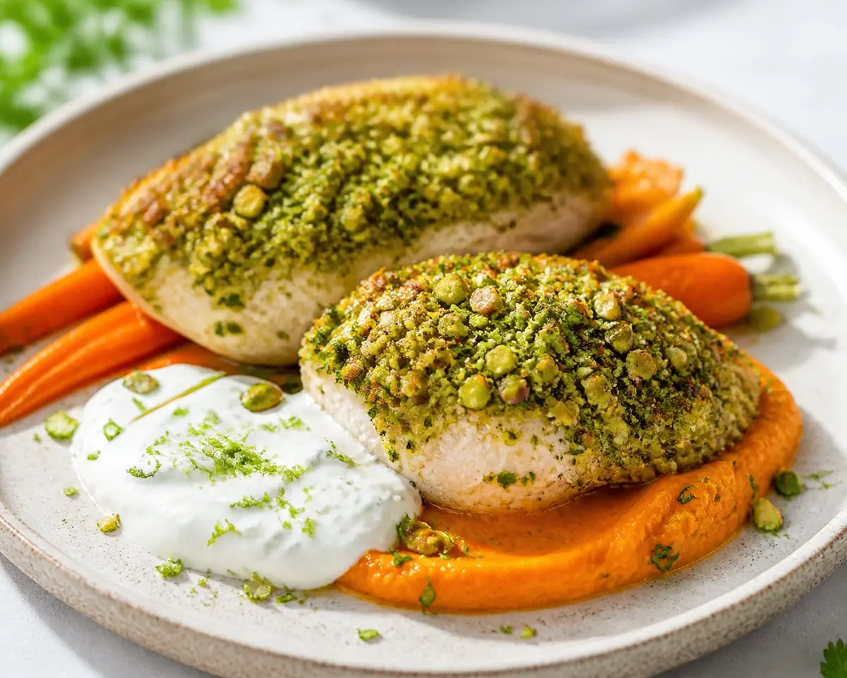 Pollo al horno con costra de pistacho y hierbas, salsa tibia de zanahoria asada y yogur con lima