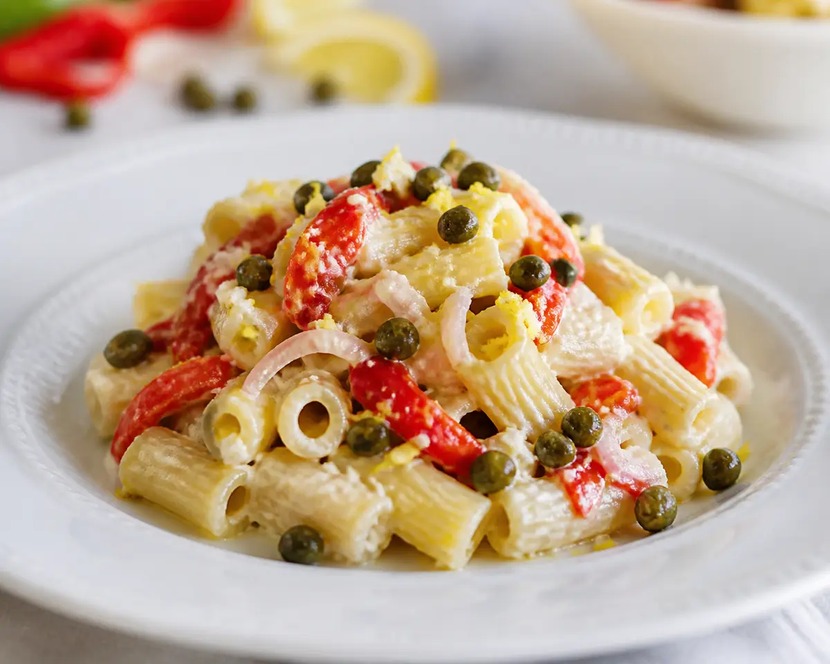 Stortini cremosos de pimiento rojo asado, ricotta al limón y alcaparras crujientes