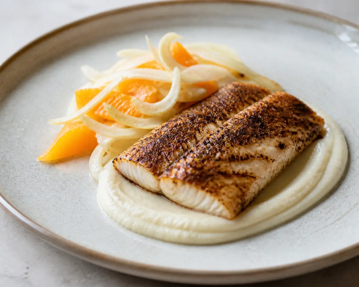Corvina al café suave con puré de coliflor y chirivía, ensalada tibia de hinojo y naranja