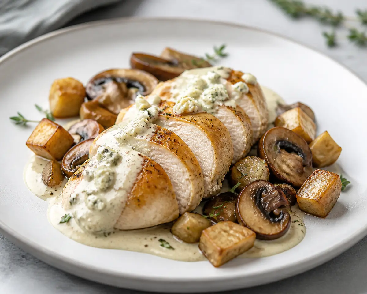 Pollo Keto en Salsa de Queso Azul Suave con Apio Nabo Asado y Champiñones al Tomillo