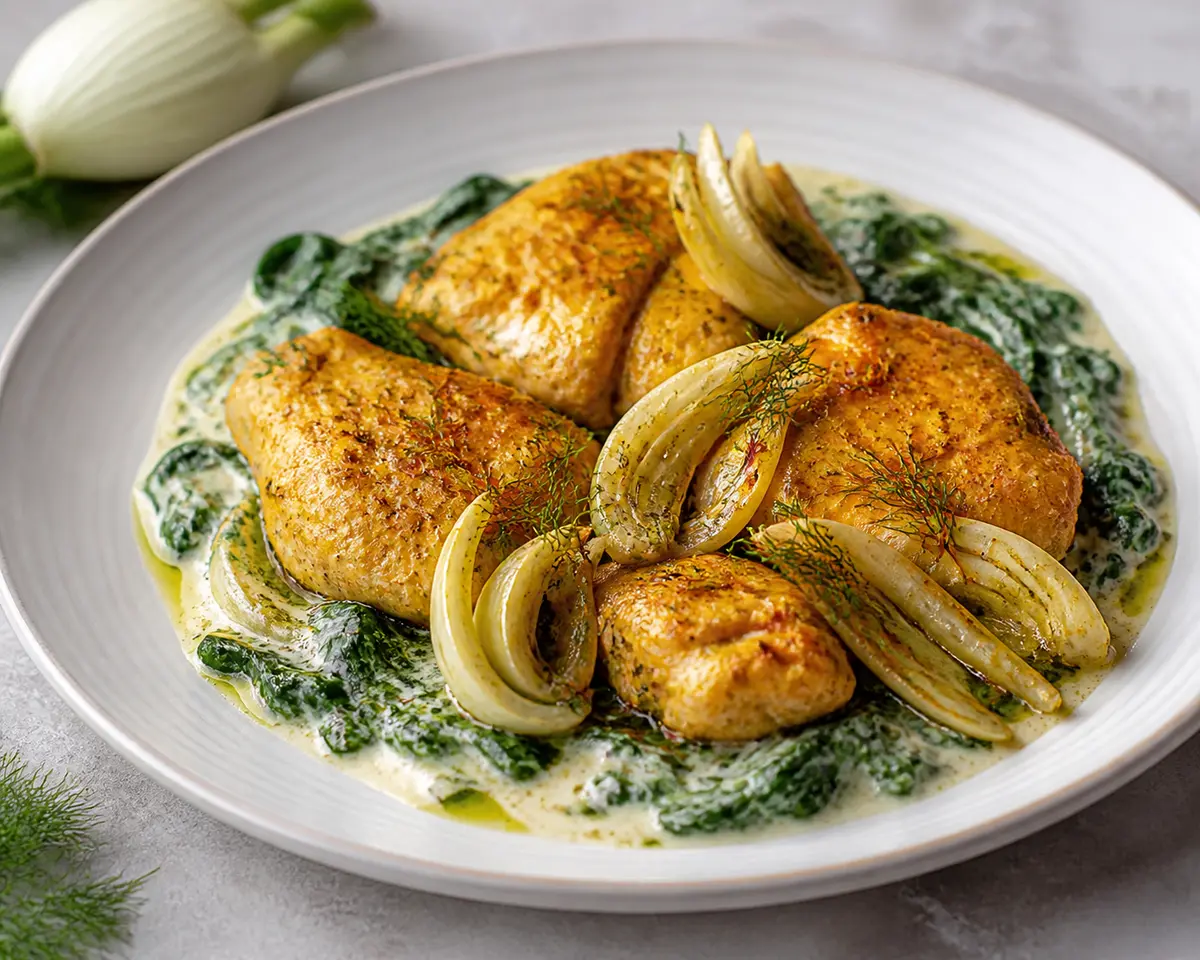 Muslos de pollo al azafrán y limón con hinojo dorado y crema ligera de espinaca