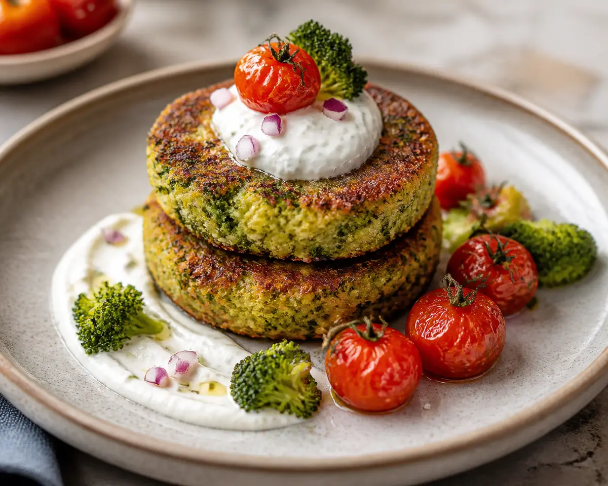 Tortitas crujientes de mijo y brócoli con crema de feta al limón y tomates cherry asados