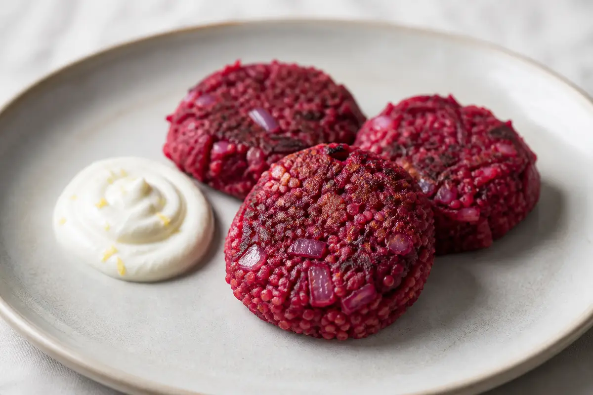 Budget Millet, Beet and Onion Patties with Quick Lemon Cream