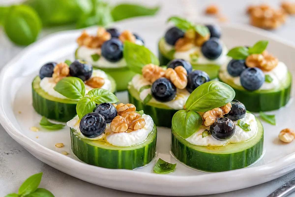 Barquitas exprés de pepino con crema de feta, arándanos, nuez y albahaca