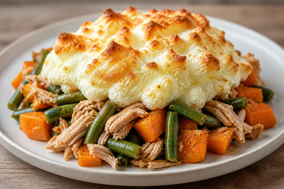 Family Sweet Potato, Pulled Turkey and Green Bean Bake with Baked Cottage Cheese Cloud