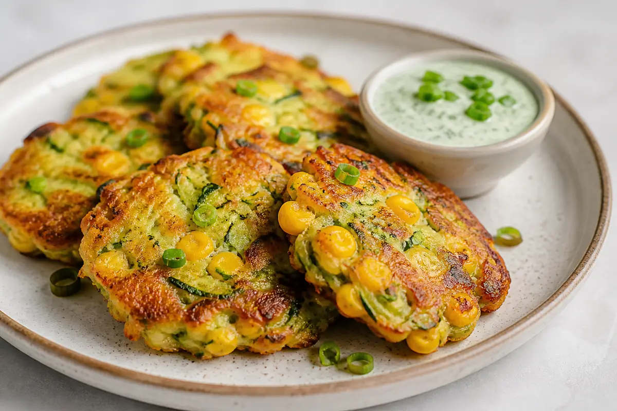 Air Fryer Zucchini and Corn Fritters with Lime Cilantro Cream