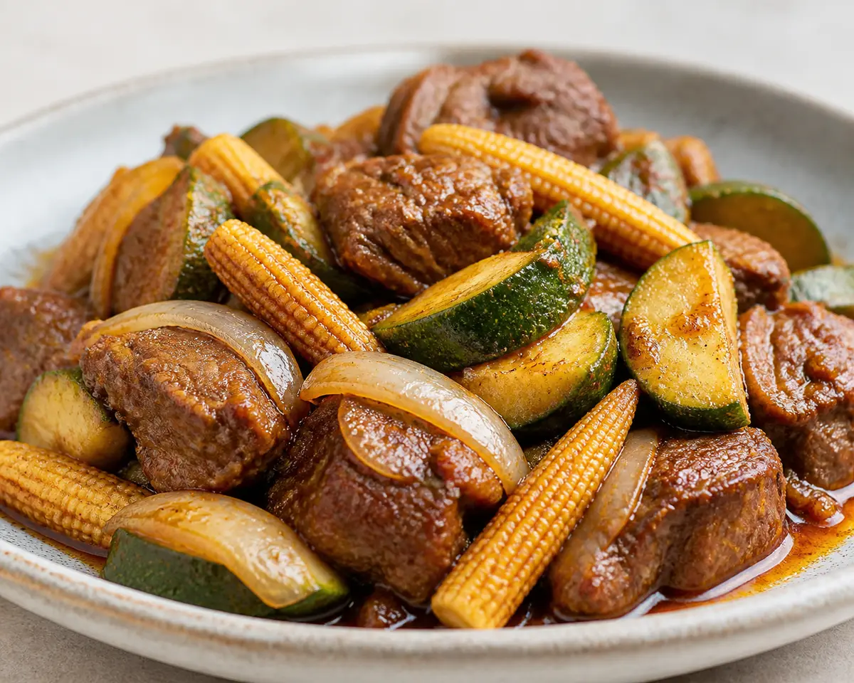 Cerdo en slow cooker con calabacín, maíz tierno y salsa de chile ancho con lima