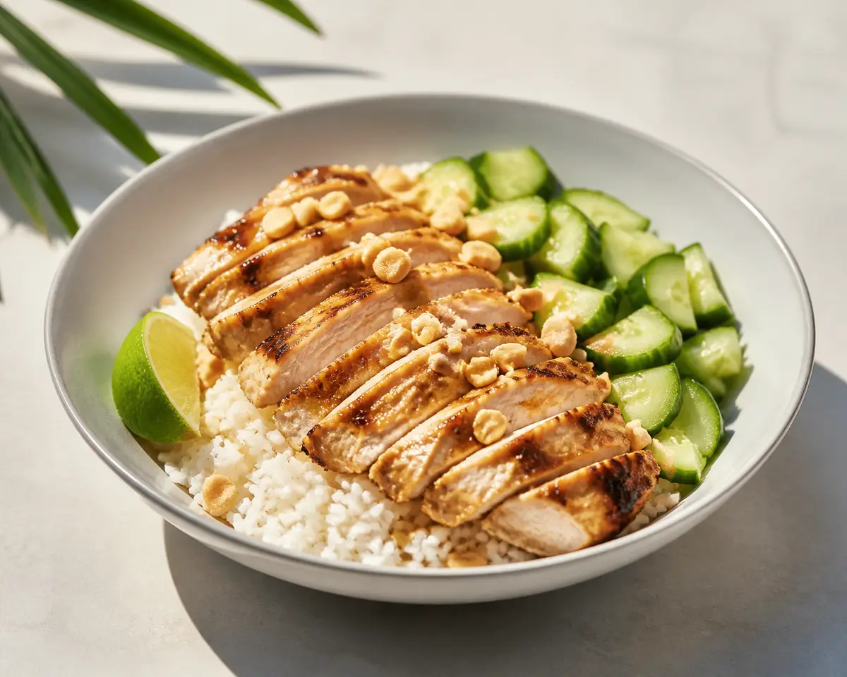 Express warm jasmine rice bowl with coconut-lime chicken, crunchy cucumber and toasted peanuts