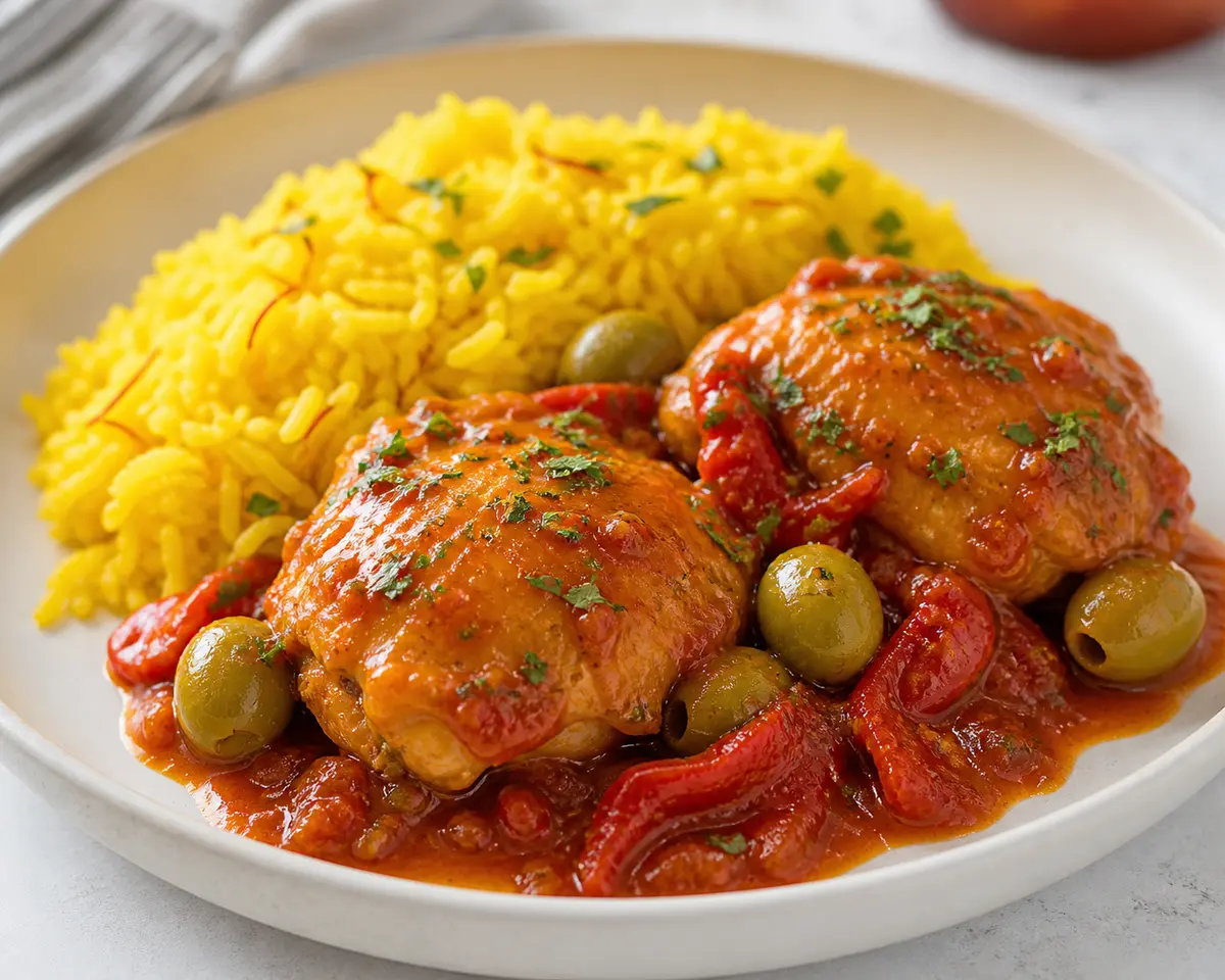 Instant Pot de pollo con salsa de pimiento piquillo, aceitunas verdes y arroz de azafrán