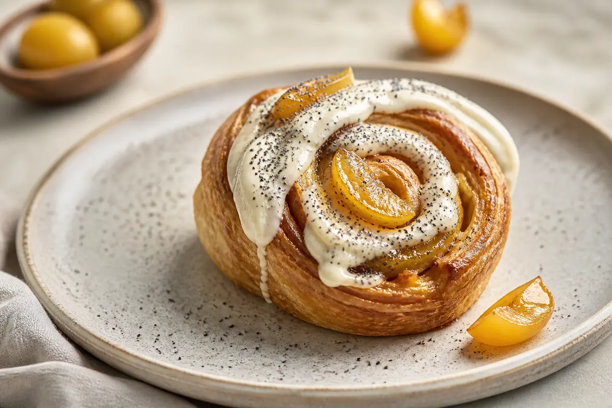 Caracolas de Panadería con Ciruela Dorada, Crema de Mascarpone y Semillas de Amapola