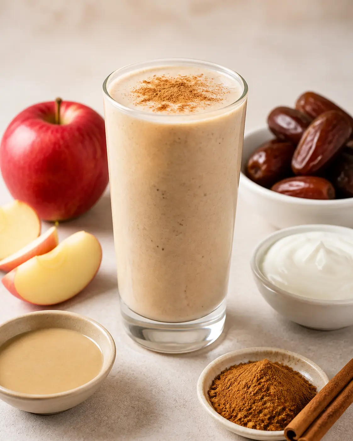 Batido Nácar de Manzana, Dátil y Tahini con Canela