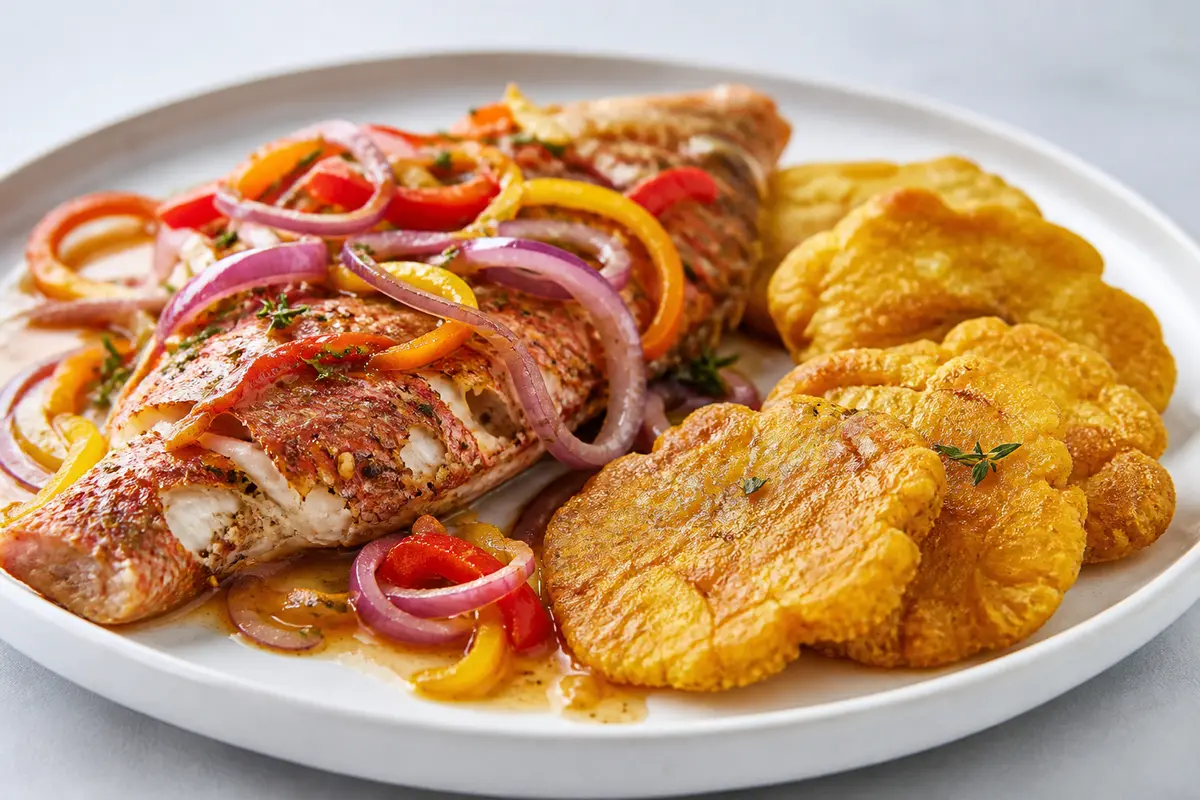 Pargo Caribeño al Escovitch Suave de Tamarindo y Hierbas con Tostones de Ñame