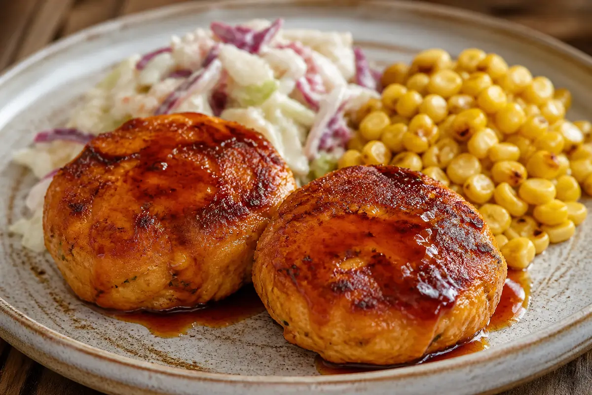 Turkey and sweet potato patties with smoky maple glaze, warm cabbage cream, and sautéed corn