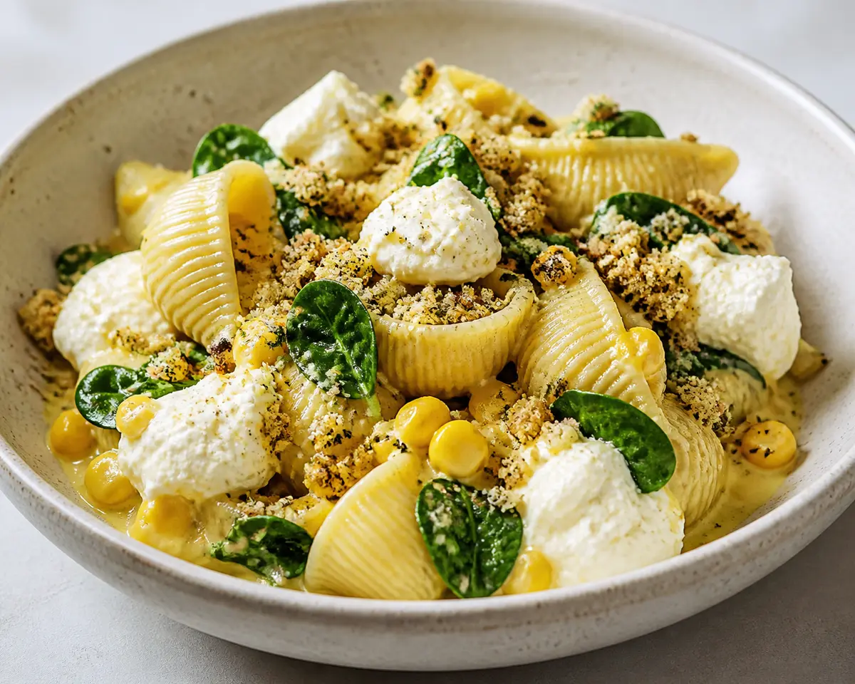 Pasta Lumaconi con crema de maíz asado, ricotta al limón y pangrattato de aceituna
