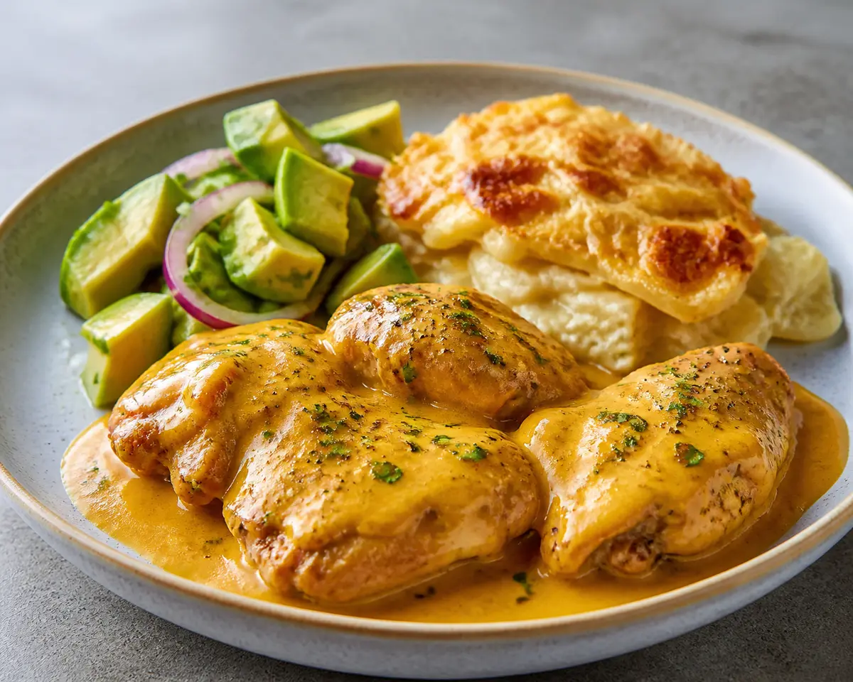Pollo guisado en salsa de ají amarillo y maíz tostado con pastel cremoso de papa y ensalada de aguacate