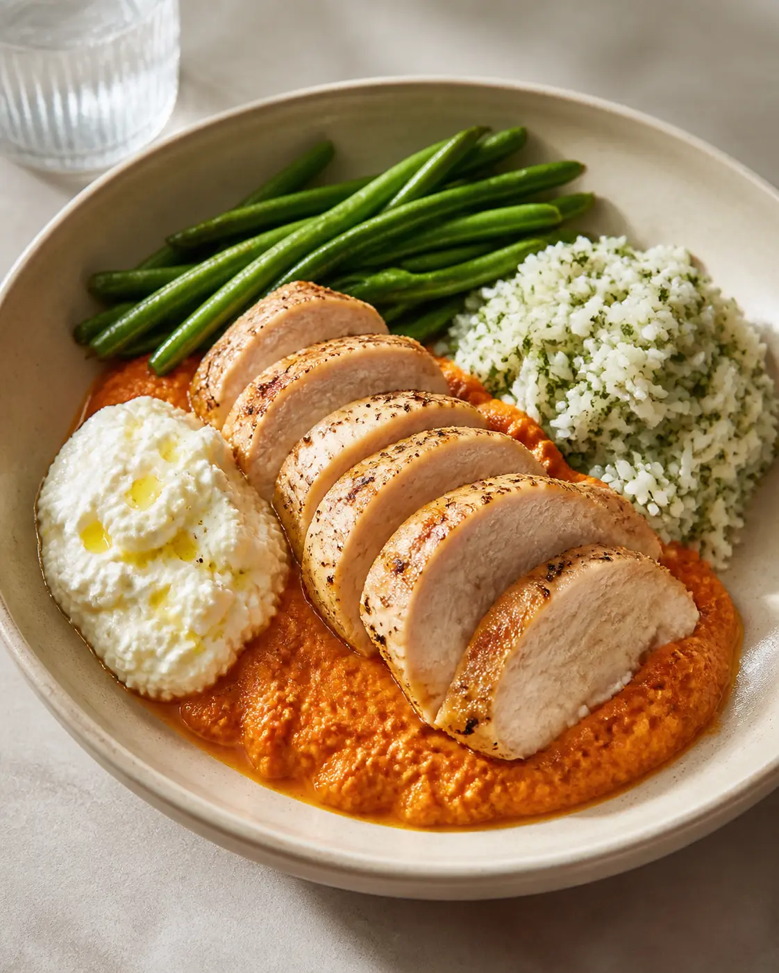 Bowl tibio de pollo al pesto de pimiento asado con arroz de albahaca, ejotes salteados y ricotta al limón
