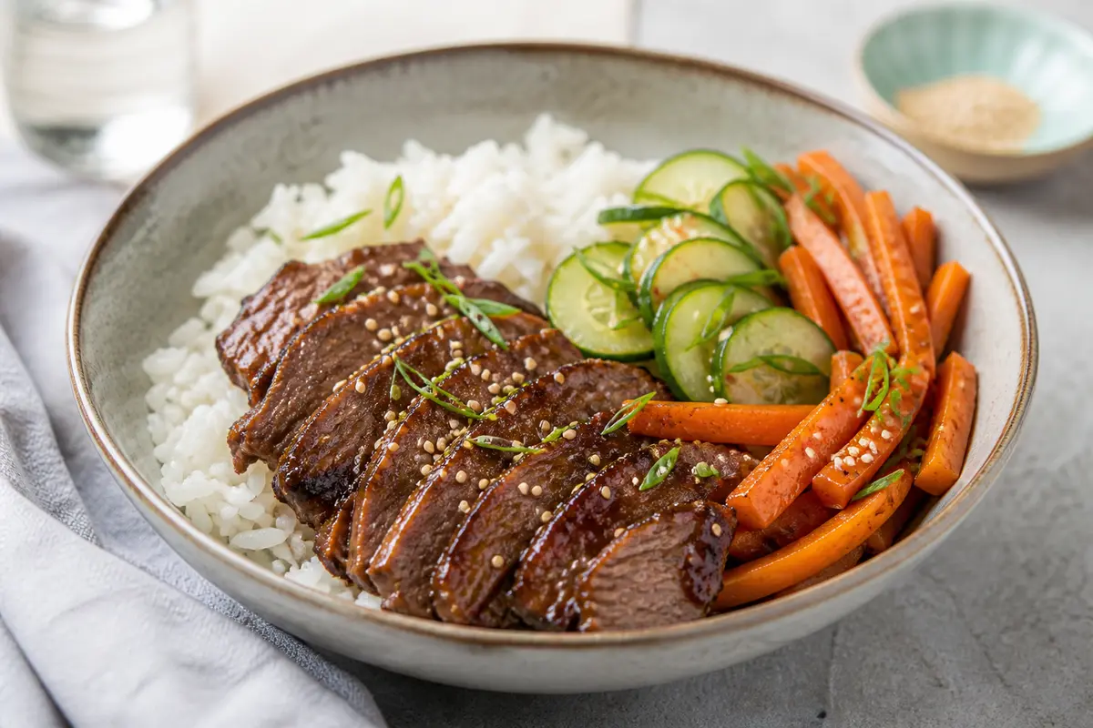 Bowl tibio de ternera al sésamo cítrico con arroz jazmín, pepino encurtido rápido y zanahorias glaseadas
