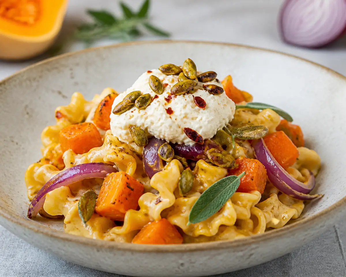 Reginette cremosas de calabaza moscada asada, cebolla morada y salvia con ricotta batida y pepitas picantes