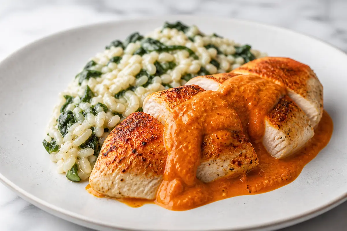 Pollo al horno con crema de pimiento piquillo y almendra, arroz meloso de espinaca y limón
