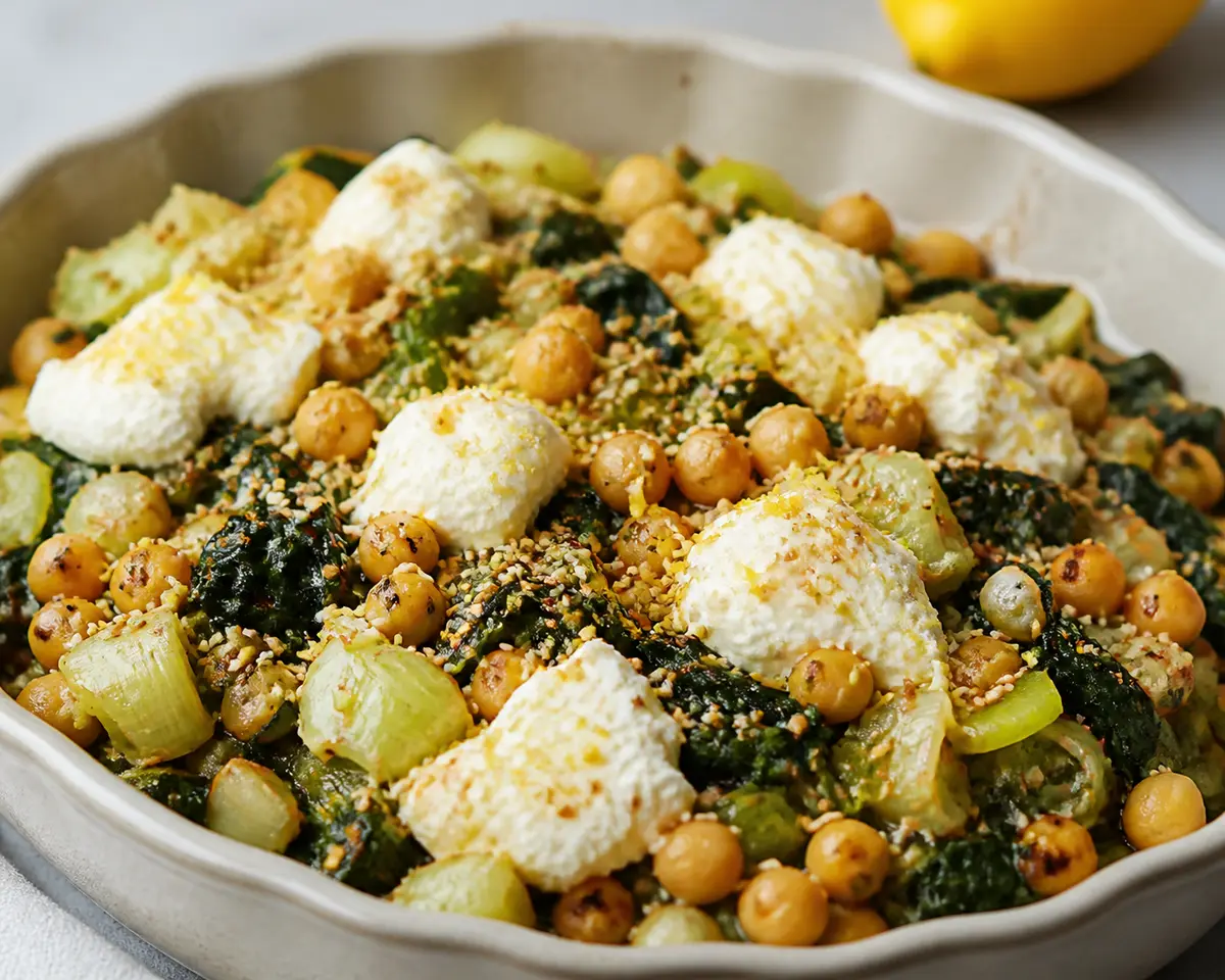 Pastel tibio de garbanzos y puerro con espinacas, ricotta al limón y costra crujiente de sésamo