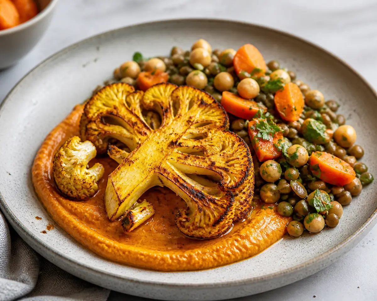 Spiced Cauliflower Steaks with Roasted Carrot Hummus and Warm Lentil Salad