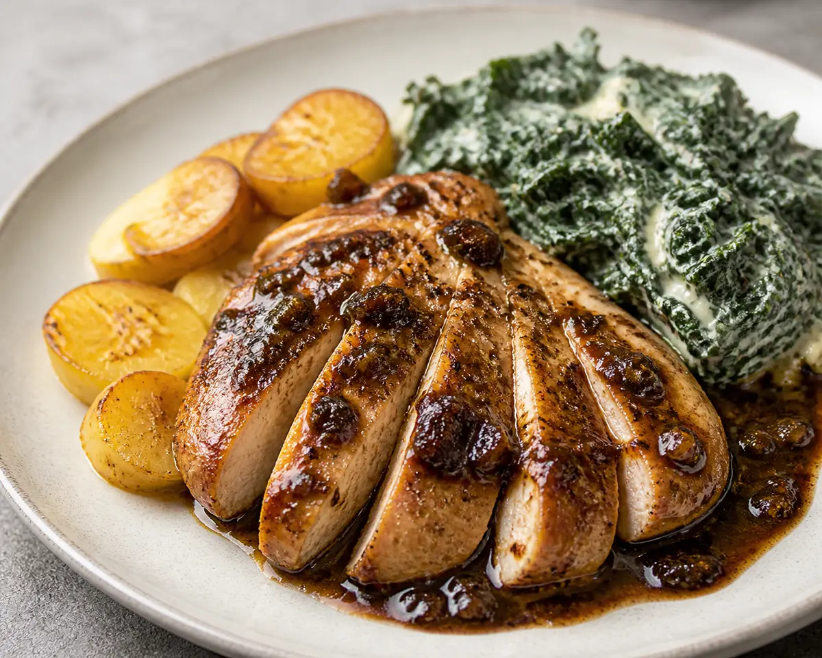 Pollo Keto en Salsa de Mantequilla de Ajo Negro con Col Rizada Cremosa y Rábanos Dorados