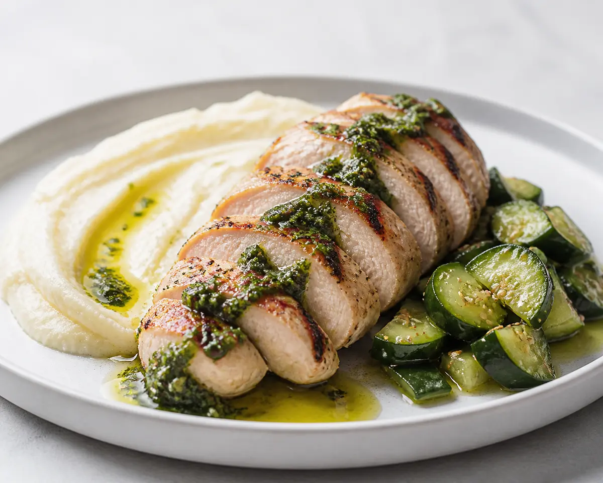 Pechuga de pollo al chimichurri de menta con puré de coliflor y pepino tibio al sésamo