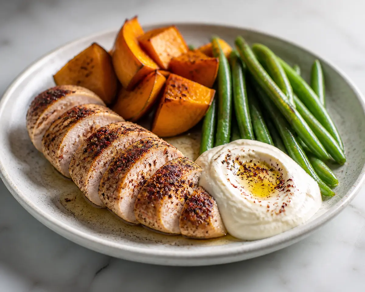 Pechuga de pollo al zumaque con calabaza asada, judías verdes y crema tibia de yogur y tahini