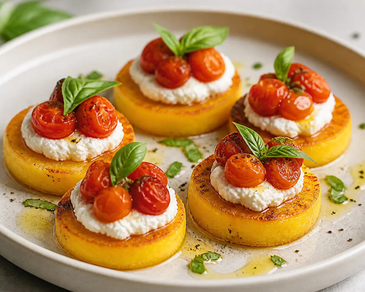 Canapés exprés de polenta crujiente con ricotta al limón, tomate cherry templado y albahaca