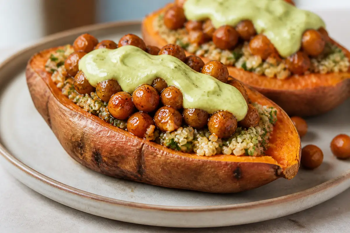 Boniatos asados con quinoa al cilantro, garbanzos lacados al tamarindo y crema de aguacate y lima