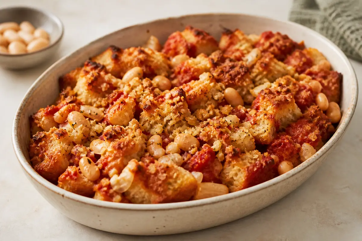 Budget Bread, Tomato and White Bean Bake with Crunchy Garlic Topping