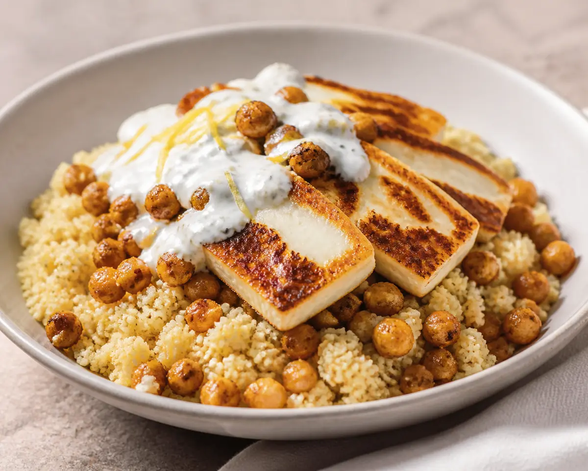 Express couscous with spiced chickpeas, seared halloumi and lemon yogurt sauce