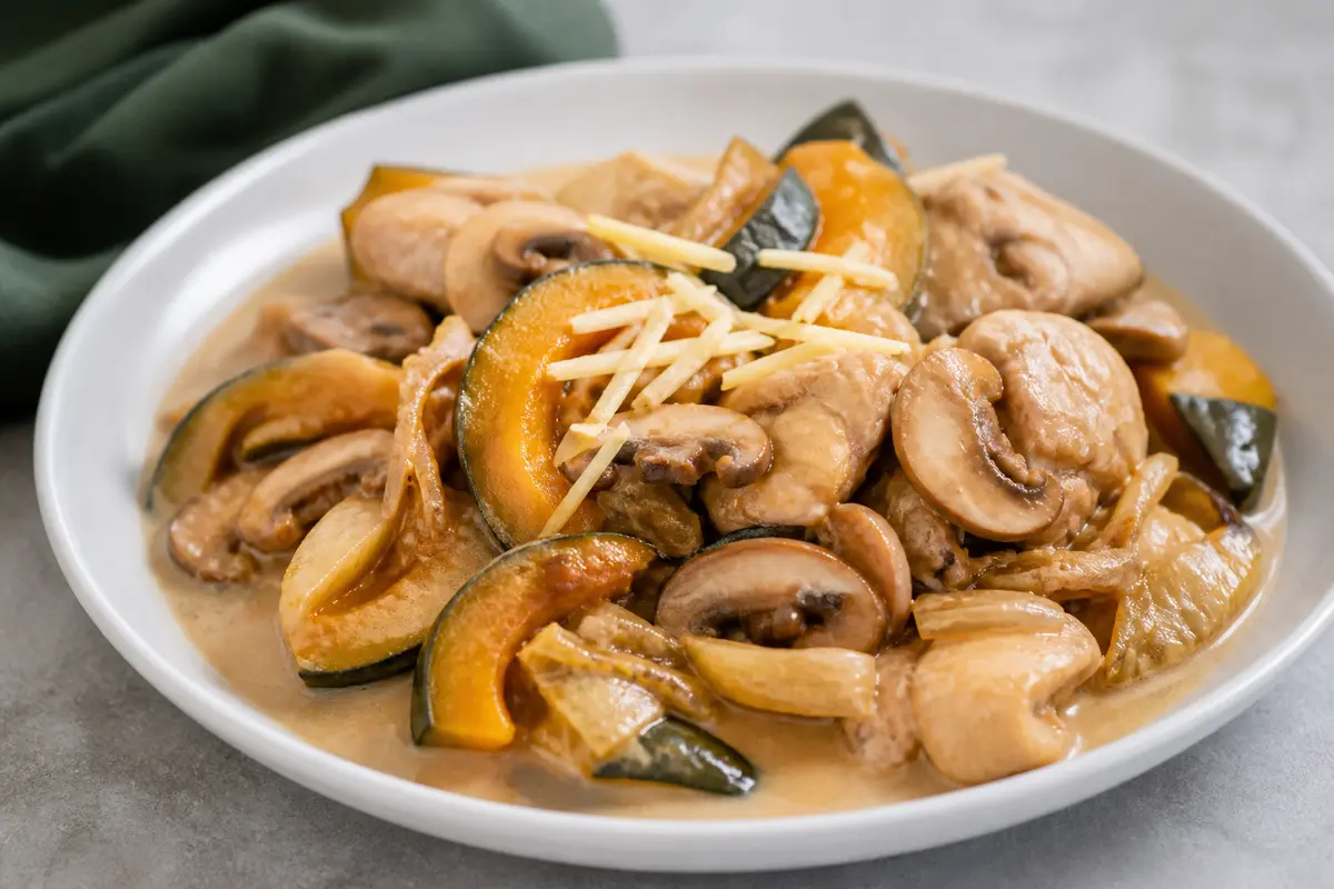 Pollo en slow cooker con calabaza bellota, setas shiitake y salsa de coco al jengibre
