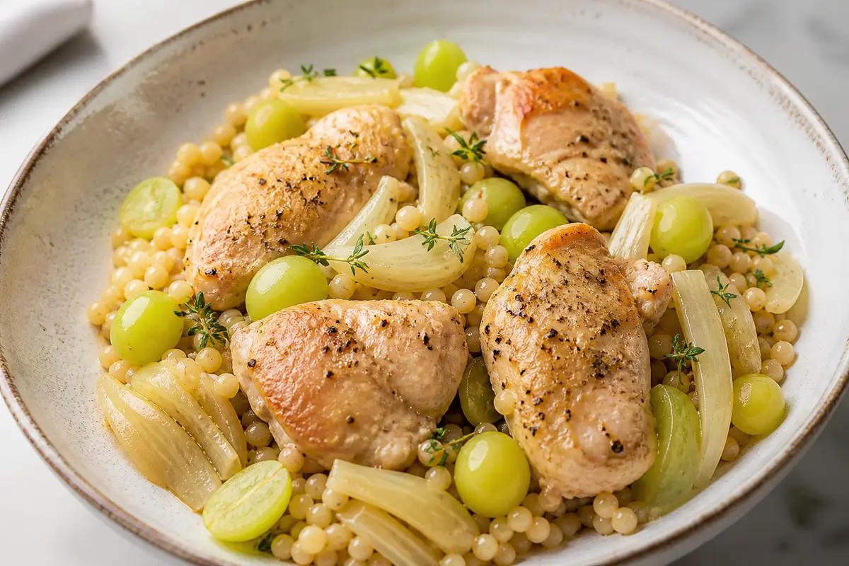 Instant Pot de pollo con hinojo, uvas blancas, tomillo y cuscús perlado