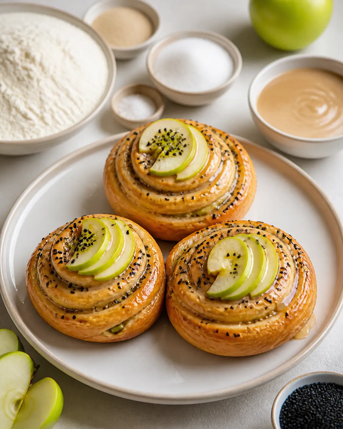 Bakery Spirals with Sweet Tahini, Green Apple and Black Sesame