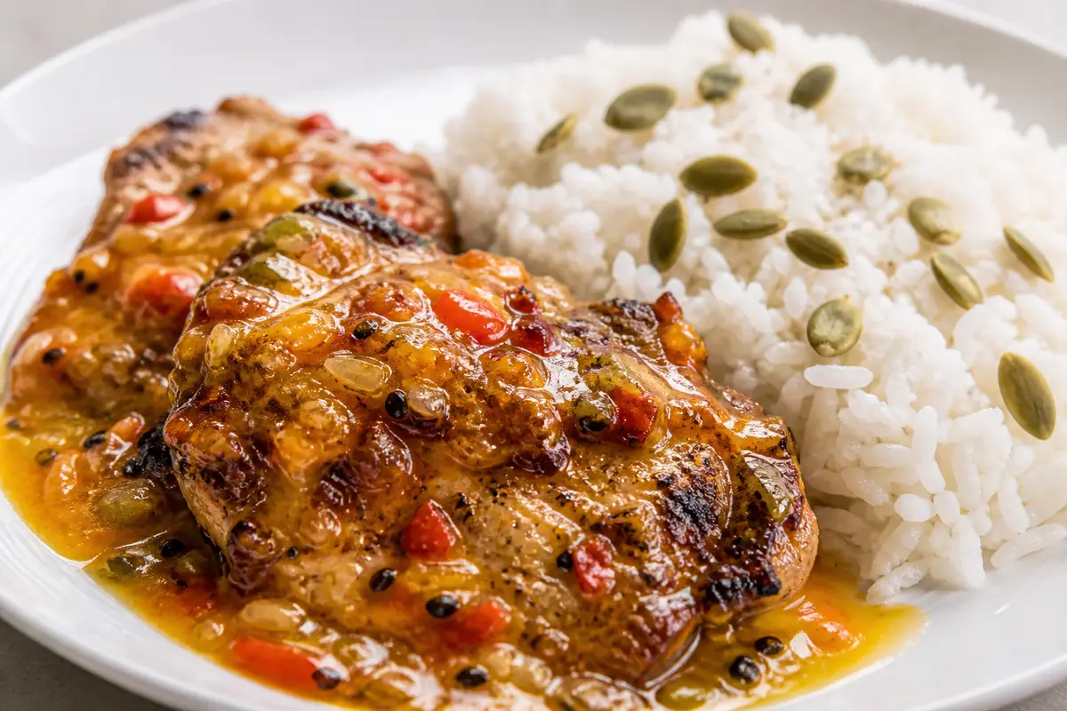 Chuletas de Cerdo Caribeñas en Salsa de Maracuyá y Pimiento Dulce con Arroz de Coco y Pepitas de Calabaza