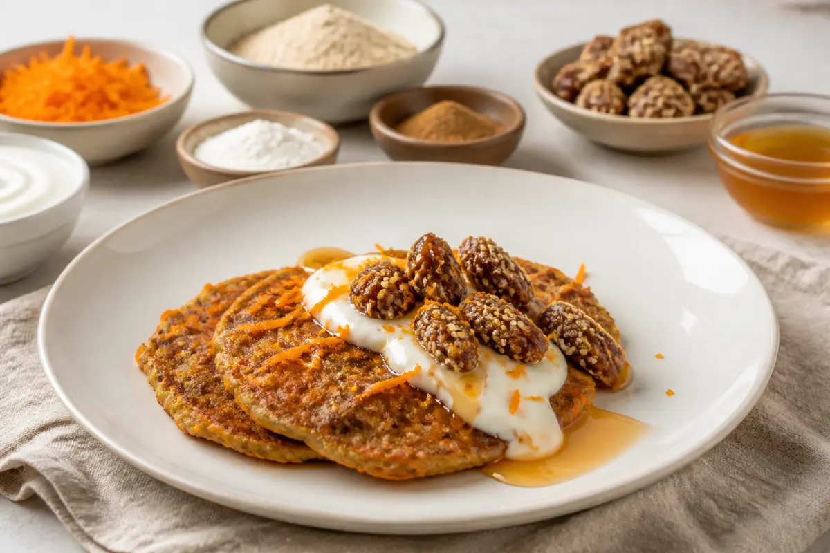 Tortitas de Trigo Sarraceno y Zanahoria con Yogur de Naranja, Dátiles al Sésamo y Miel Tibia