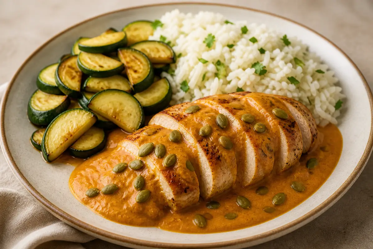 Pechuga de pollo en salsa cremosa de pepita y chile guajillo con arroz de lima y calabacitas salteadas