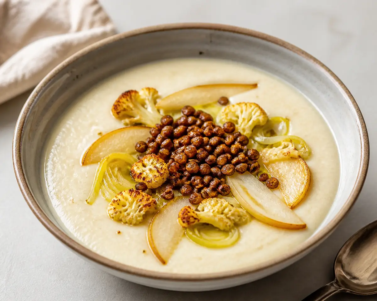 Sopa cremosa de coliflor asada, puerro y pera con lentejas crujientes al comino