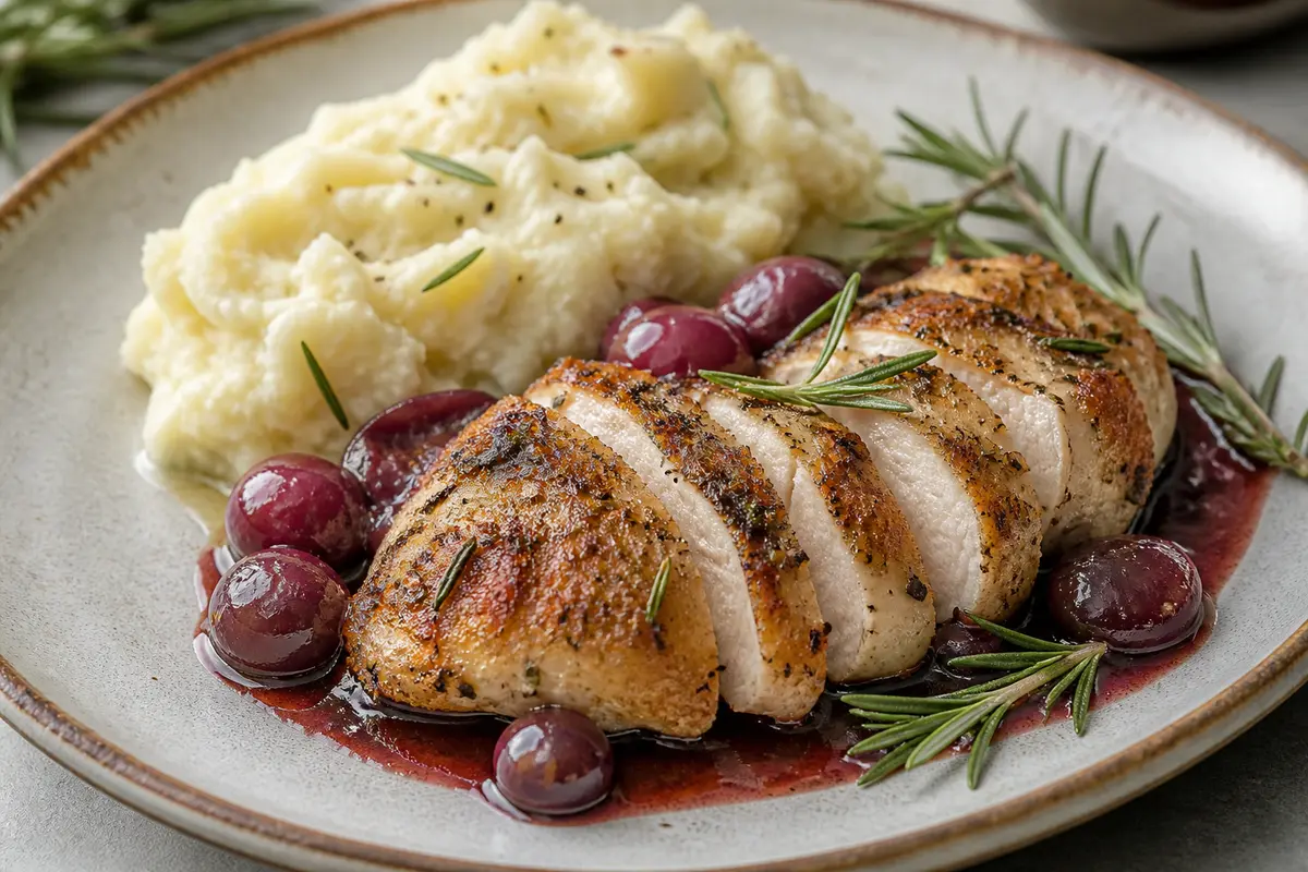 Pollo crujiente al romero con salsa tibia de uvas balsámicas y puré rústico de chirivía