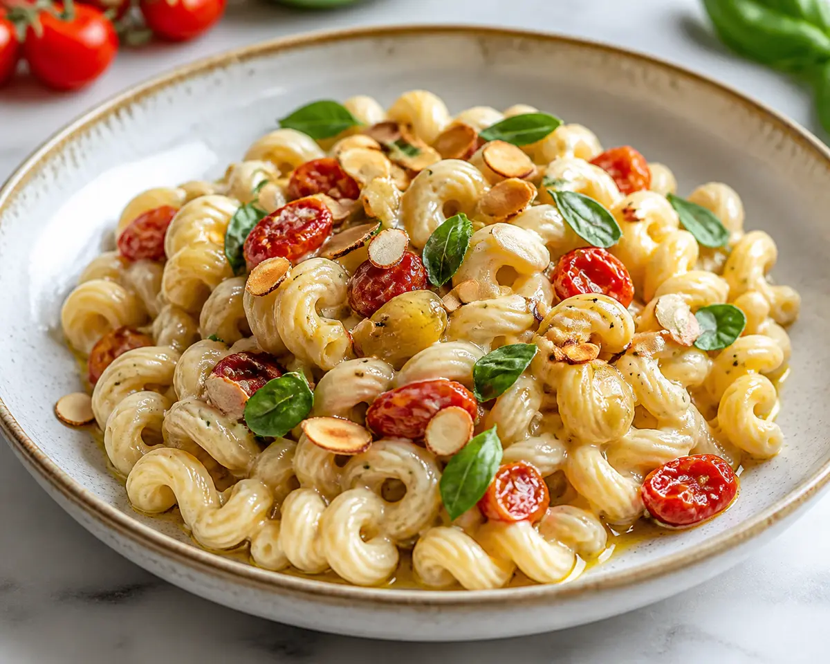 Creamy Cavatappi with Roasted Cherry Tomatoes, Confit Garlic and Mascarpone with Toasted Almonds and Basil