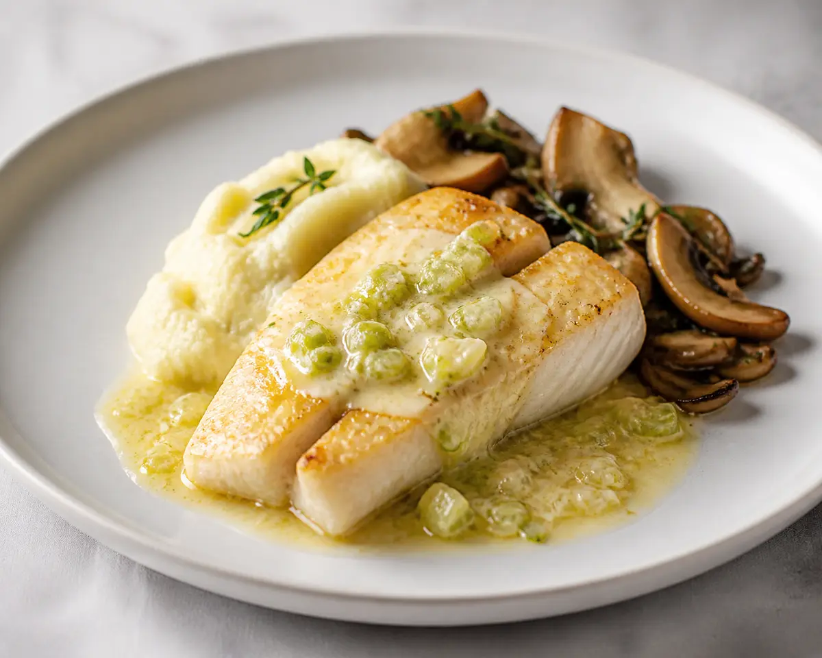 Merluza Dorada con Salsa Sedosa de Apio y Limón, Puré de Coliflor Asada y Setas al Tomillo