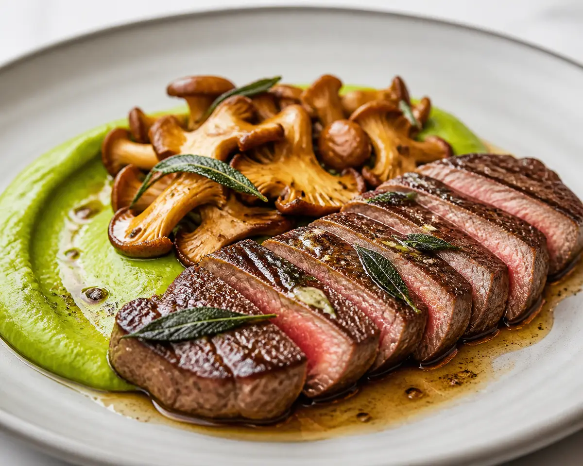 Bistec de Res con Mantequilla de Avellana y Salvia, Puré de Chícharos al Limón y Champiñones Dorados