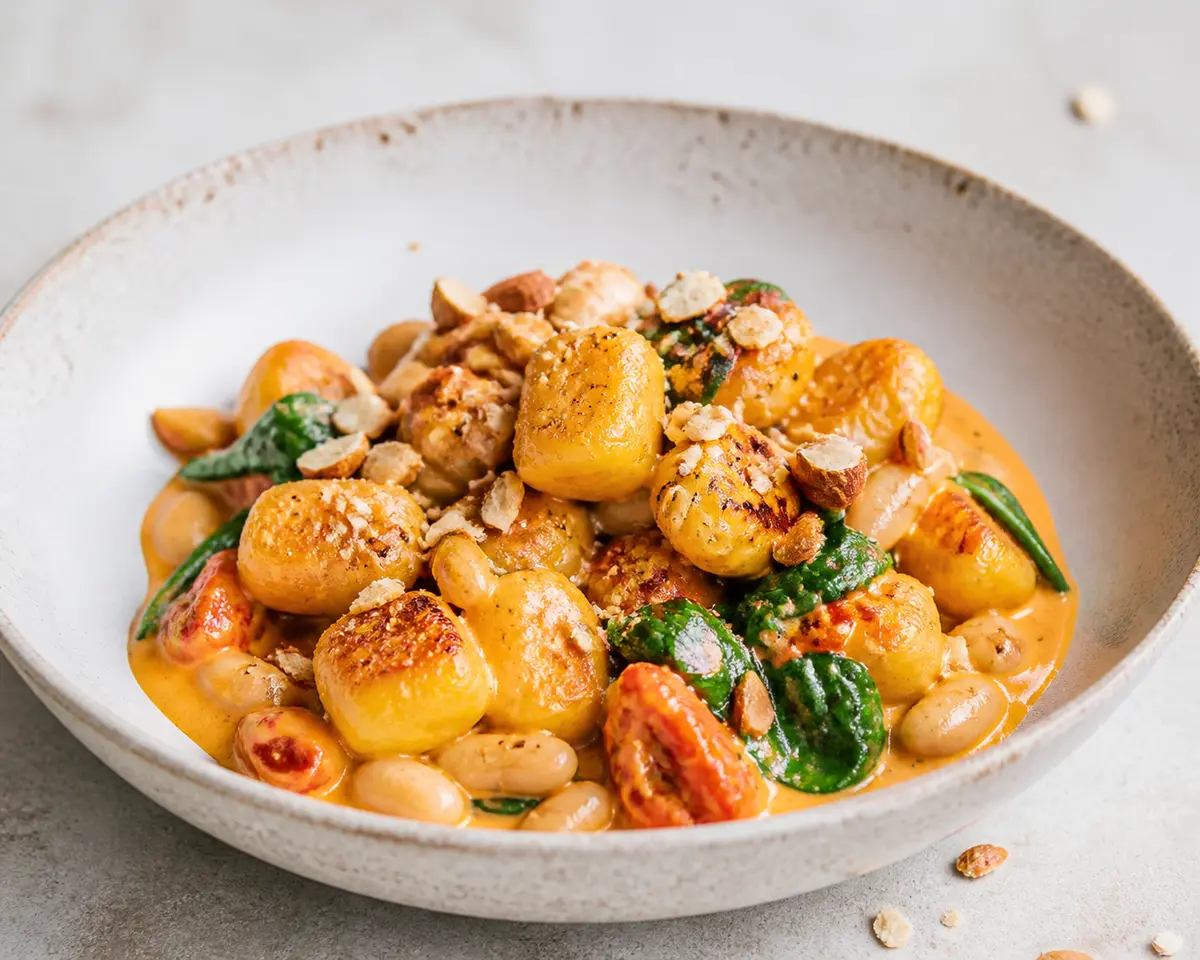 Golden Gnocchi with Smoky Pepper Cream, White Beans and Crispy Almond Crumbs