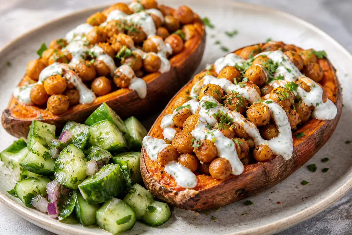 Barquitas de batata asada con garbanzos especiados, crema de yogur tahini y ensalada crujiente de pepino
