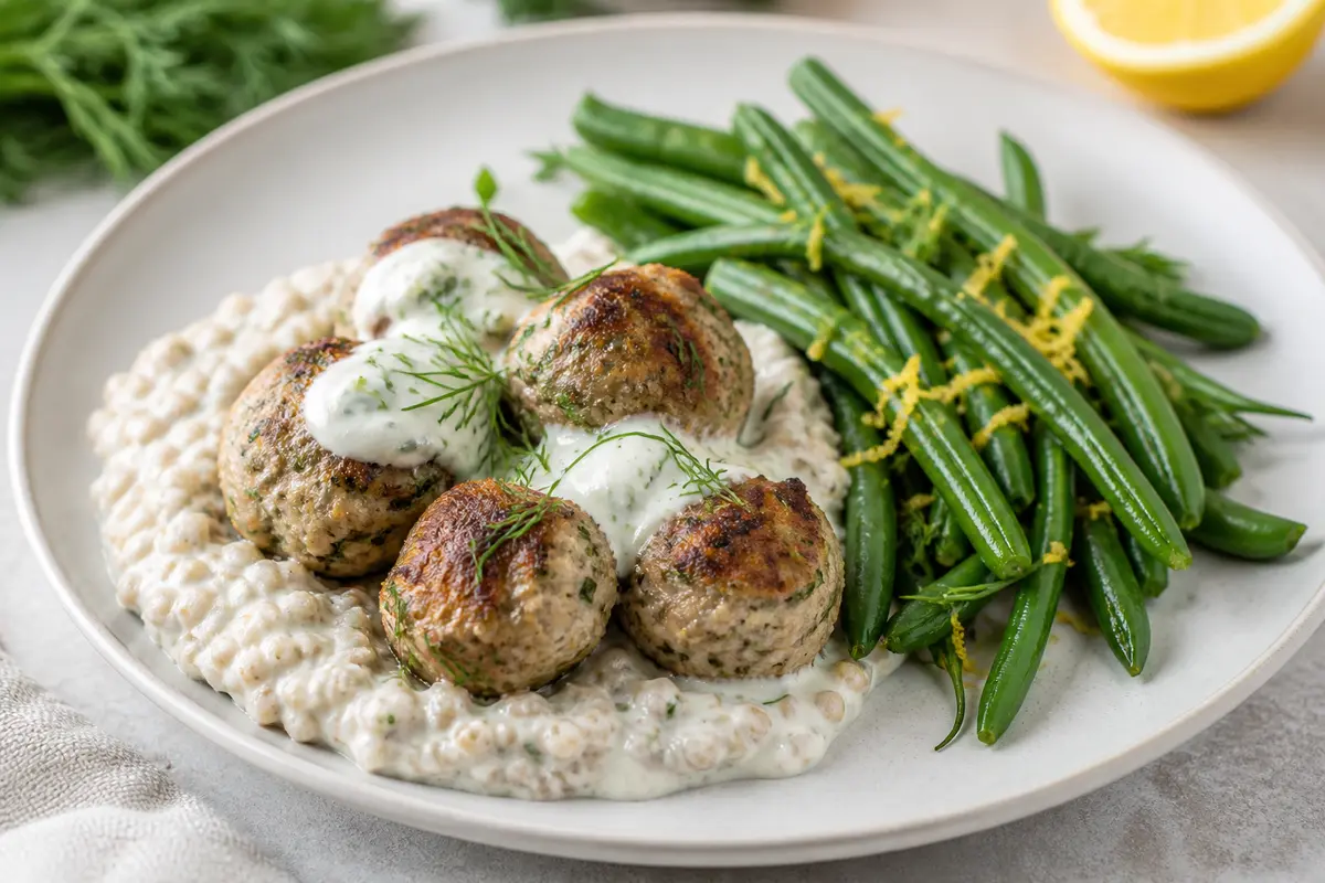 Albóndigas de Pollo y Skyr al Eneldo con Trigo Sarraceno Cremoso y Judías Verdes al Limón