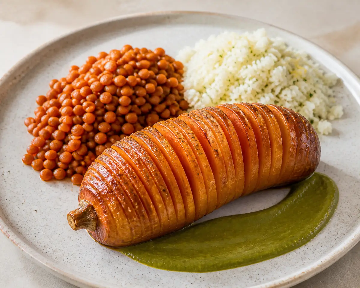 Hasselback Squash with Smoked Paprika Lentils, Lemon Cauliflower Rice, and Olive Green Sauce